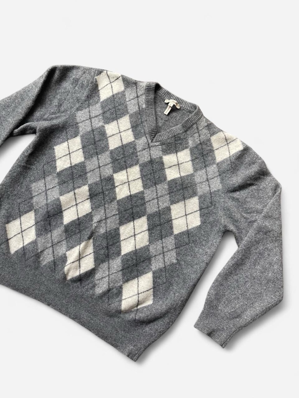 Enzo Mantovani Gray Argyle 100% Cashmere Made in Italy Pullover Sweater Sz L